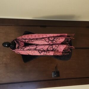 Pink and Black Floral Scarf with Fringe